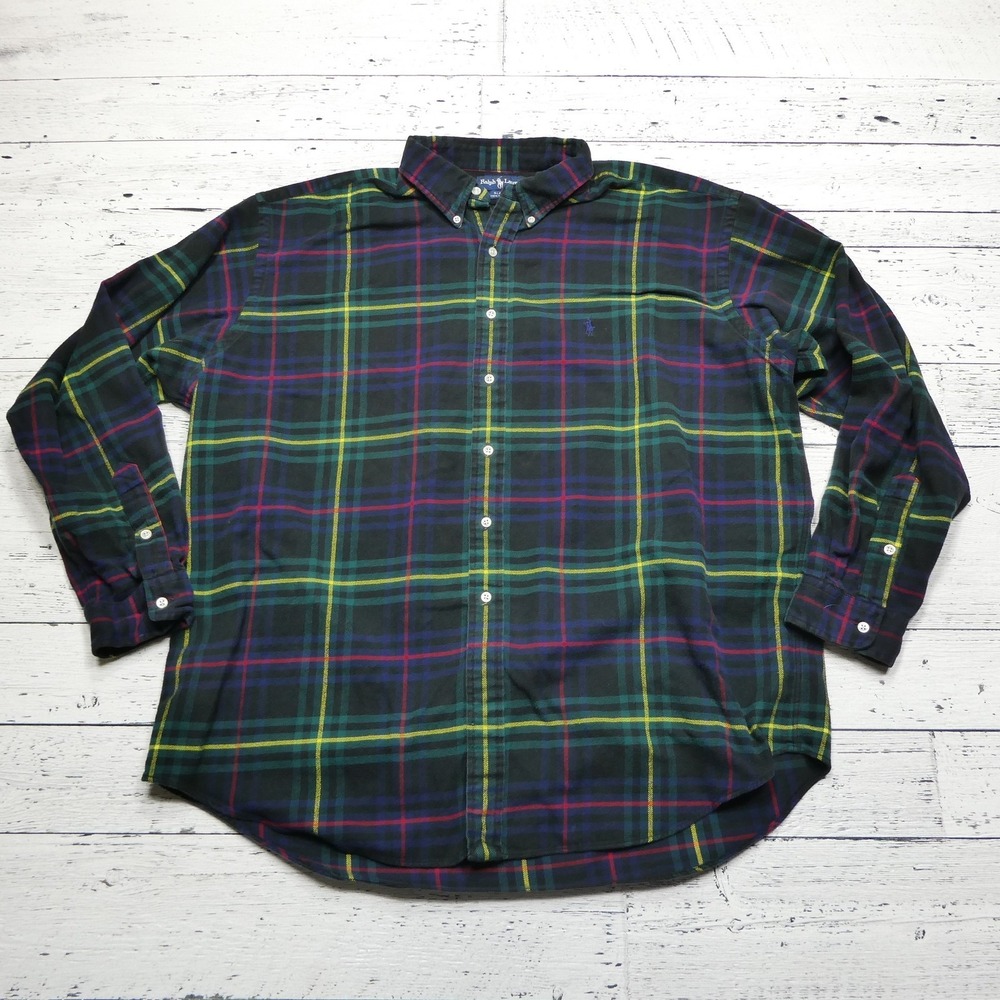 Ralph Lauren Shirt Mens 2XL Green Blue‎ Yellow Plaid Blake Flannel Button Down